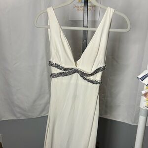 Jovani Ivory V-Neck Evening Gown with Beaded Waist